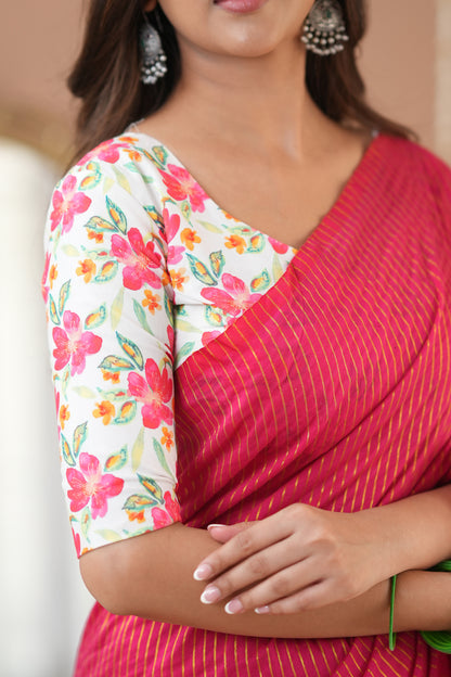 Raag Varnam Pink Stripe Cotton Saree with Floral Designer Blouse