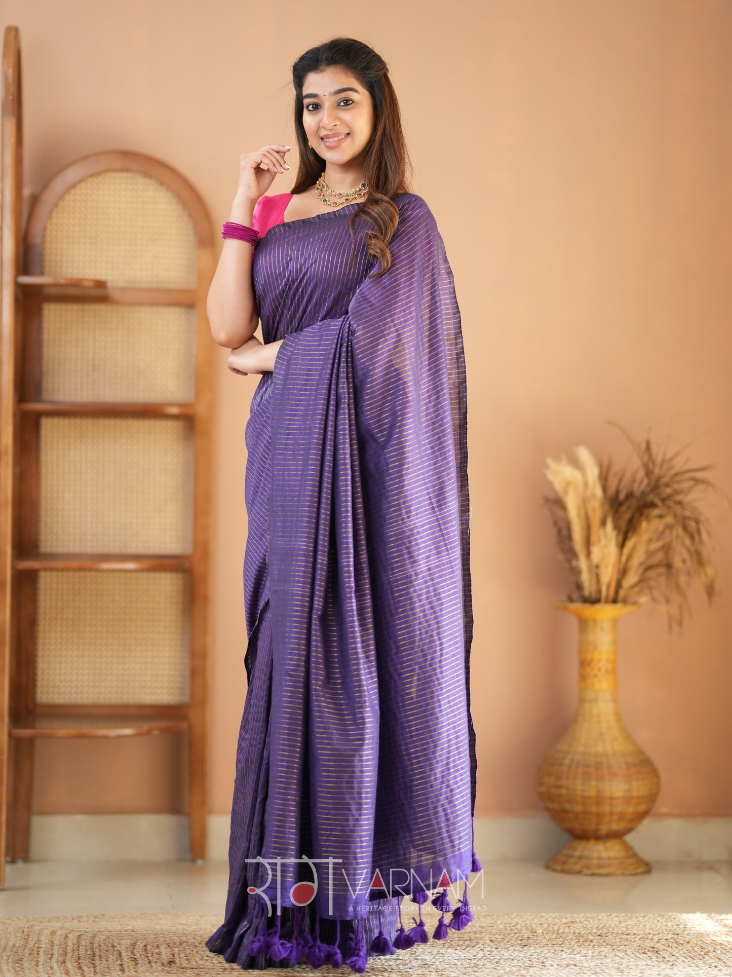 Raag Varnam Violet Stripe cotton Saree designer Work Blouse