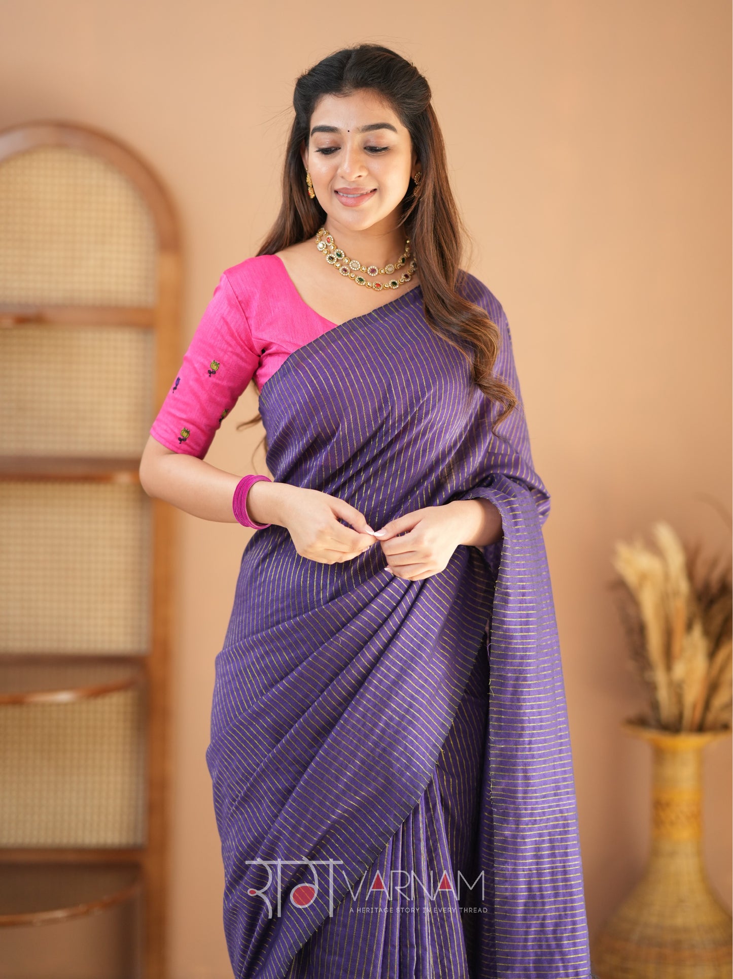 Raag Varnam Violet Stripe cotton Saree designer Work Blouse