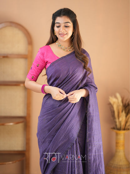 Raag Varnam Violet Stripe cotton Saree designer Work Blouse
