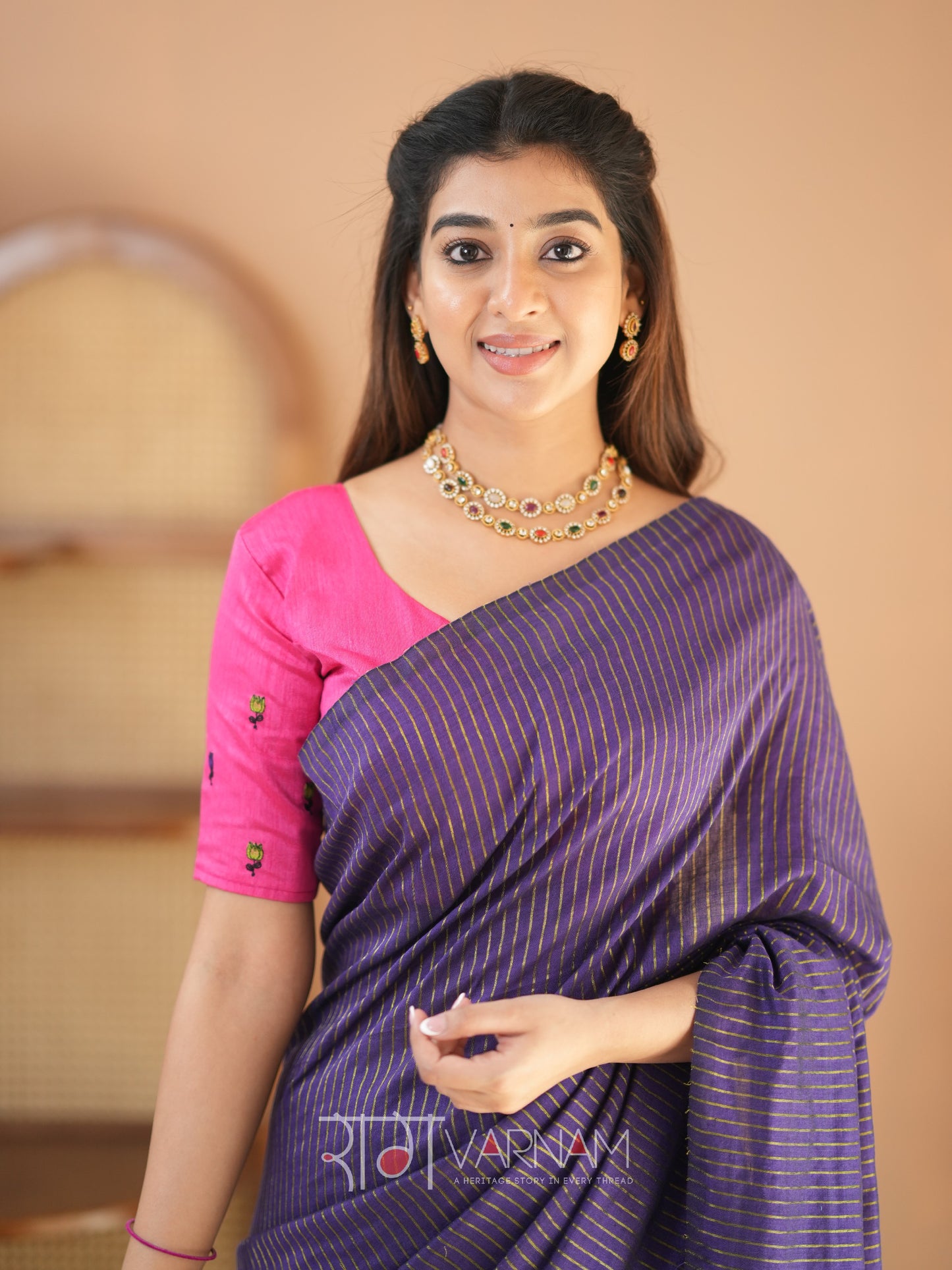 Raag Varnam Violet Stripe cotton Saree designer Work Blouse