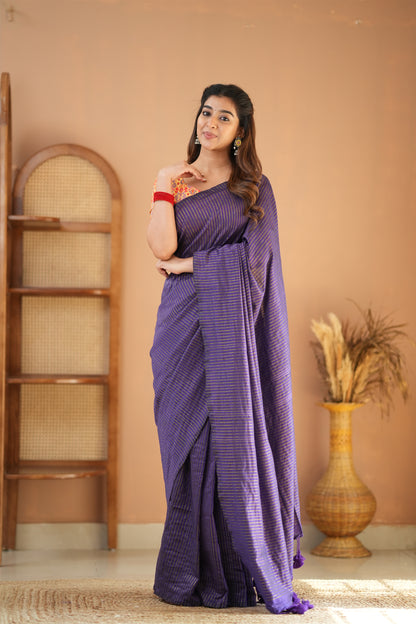Raag Varnam Violet Stripe Cotton Saree with Designer Printed Blouse