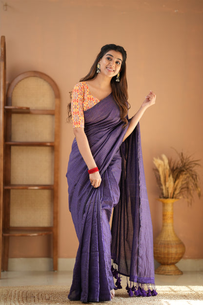 Raag Varnam Violet Stripe Cotton Saree with Designer Printed Blouse