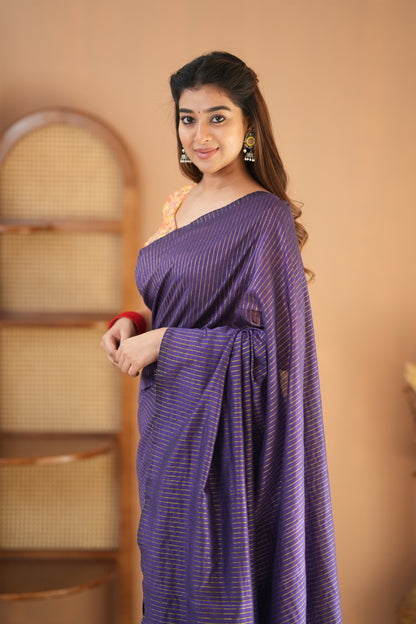Raag Varnam Violet Stripe Cotton Saree with Designer Printed Blouse
