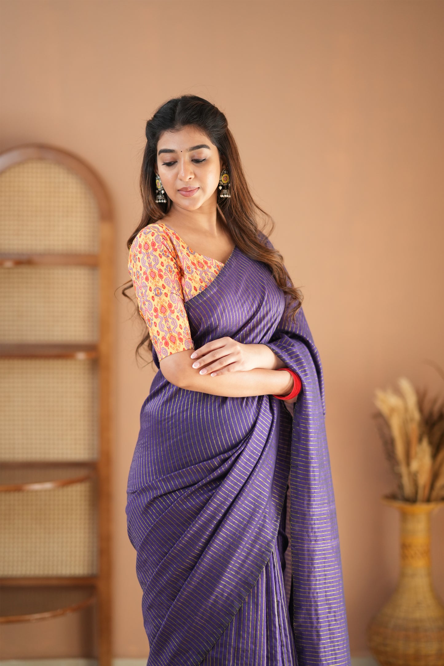 Raag Varnam Violet Stripe Cotton Saree with Designer Printed Blouse