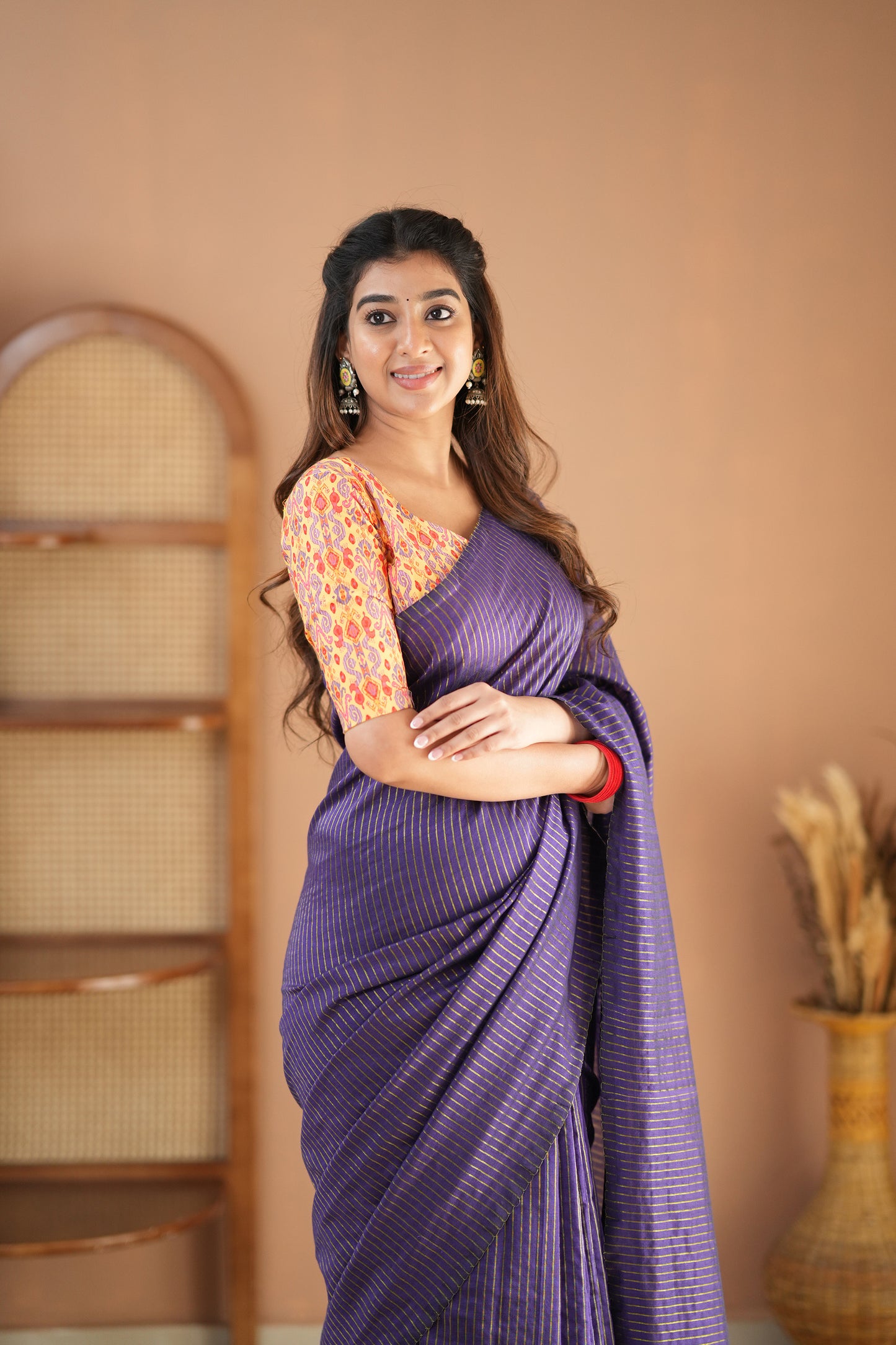 Raag Varnam Violet Stripe Cotton Saree with Designer Printed Blouse