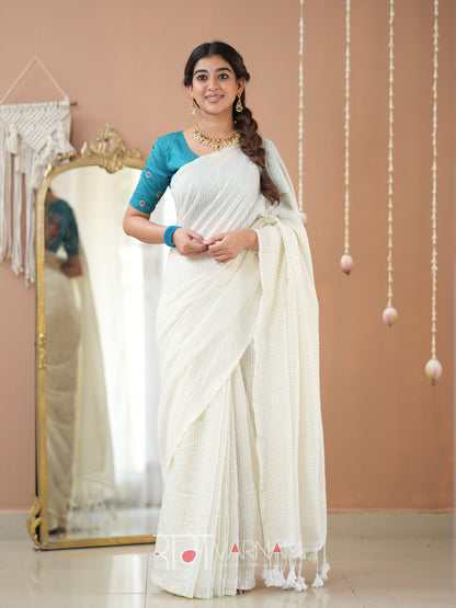 Raag Varnam White Stripe cotton Saree designer Work Blouse