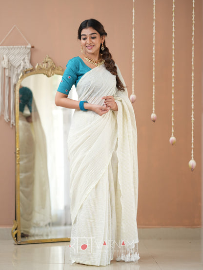 Raag Varnam White Stripe cotton Saree designer Work Blouse