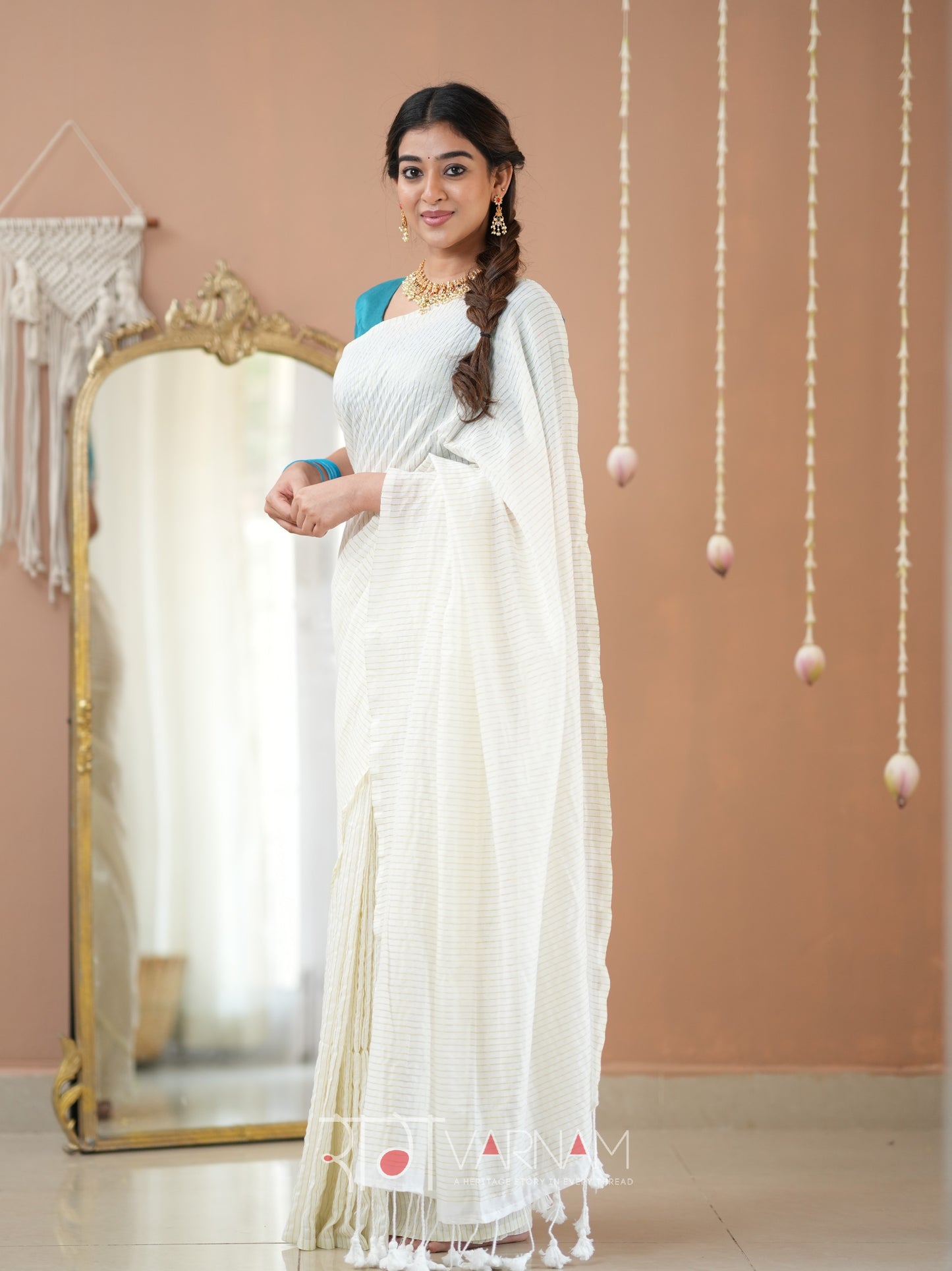 Raag Varnam White Stripe cotton Saree designer Work Blouse