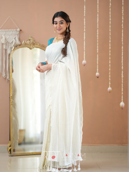 Raag Varnam White Stripe cotton Saree designer Work Blouse