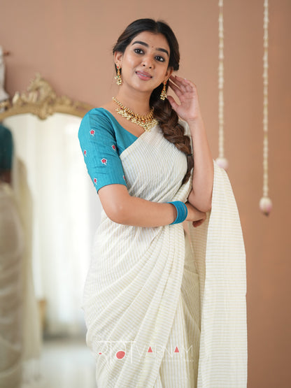 Raag Varnam White Stripe cotton Saree designer Work Blouse