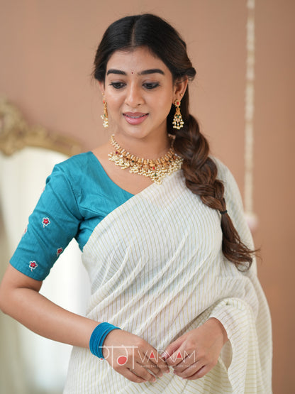 Raag Varnam White Stripe cotton Saree designer Work Blouse