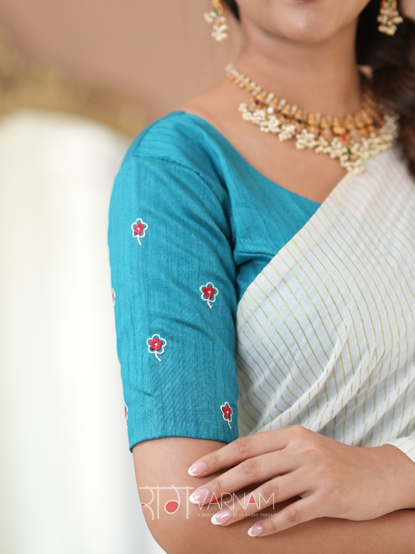 Raag Varnam White Stripe cotton Saree designer Work Blouse