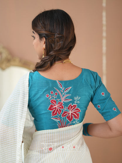 Raag Varnam White Stripe cotton Saree designer Work Blouse