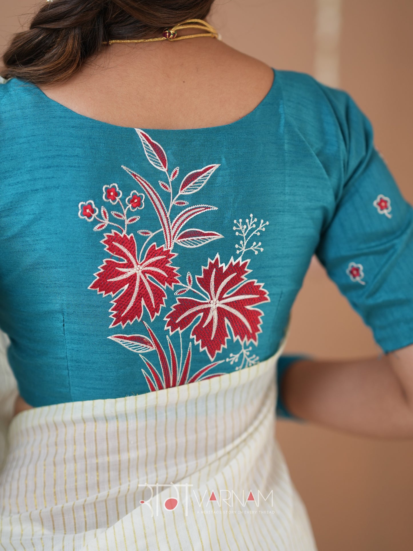 Raag Varnam White Stripe cotton Saree designer Work Blouse