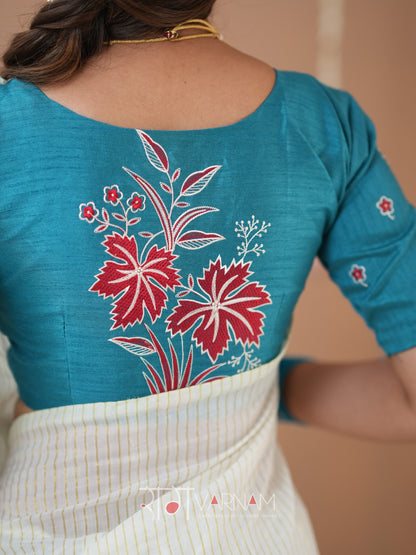 Raag Varnam White Stripe cotton Saree designer Work Blouse