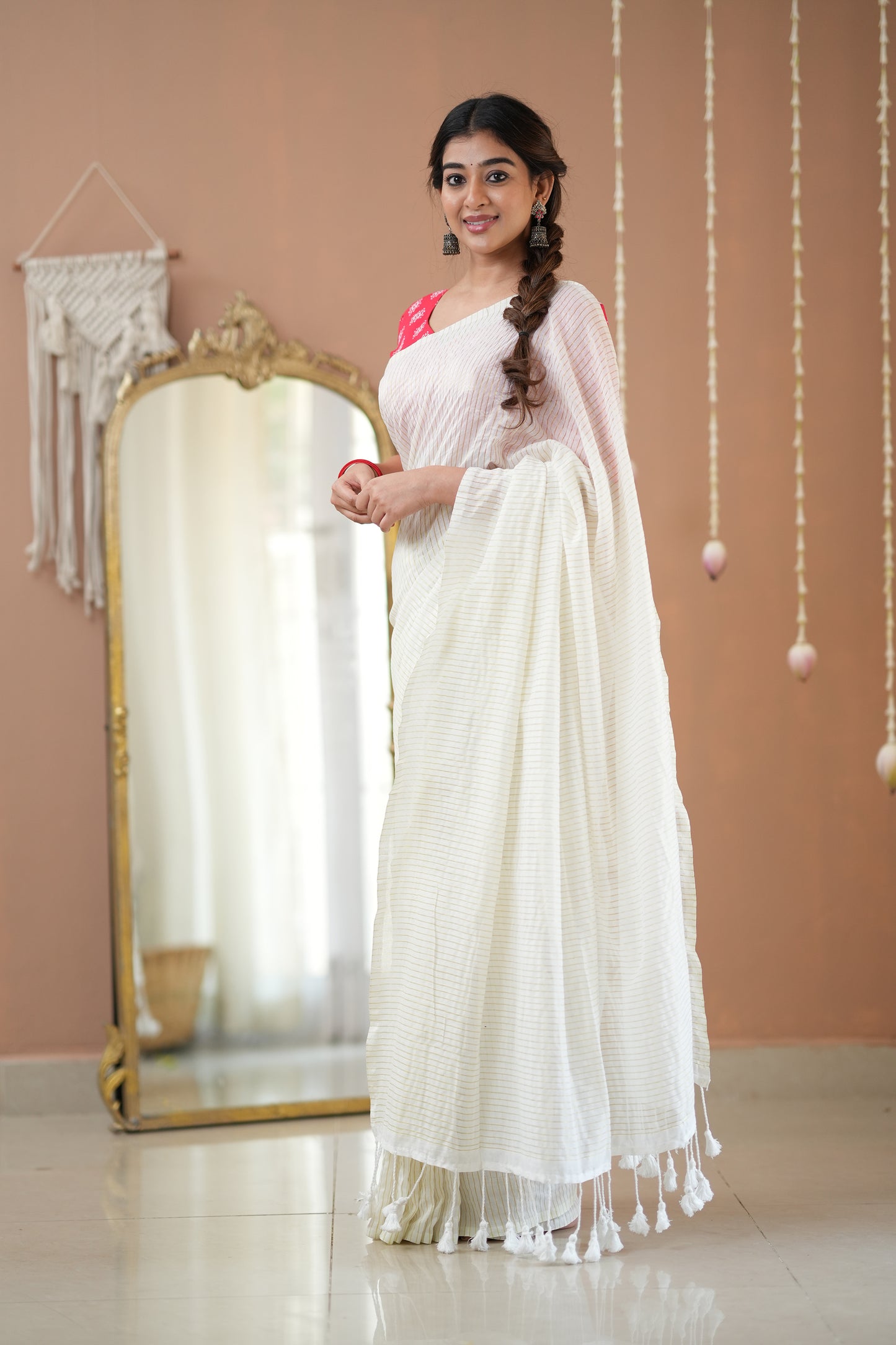 Raag Varnam White Stripe Cotton Saree with Designer Printed Blouse