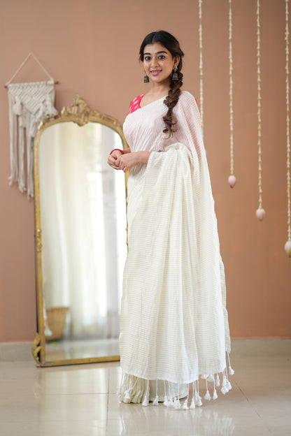 Raag Varnam White Stripe Cotton Saree with Designer Printed Blouse