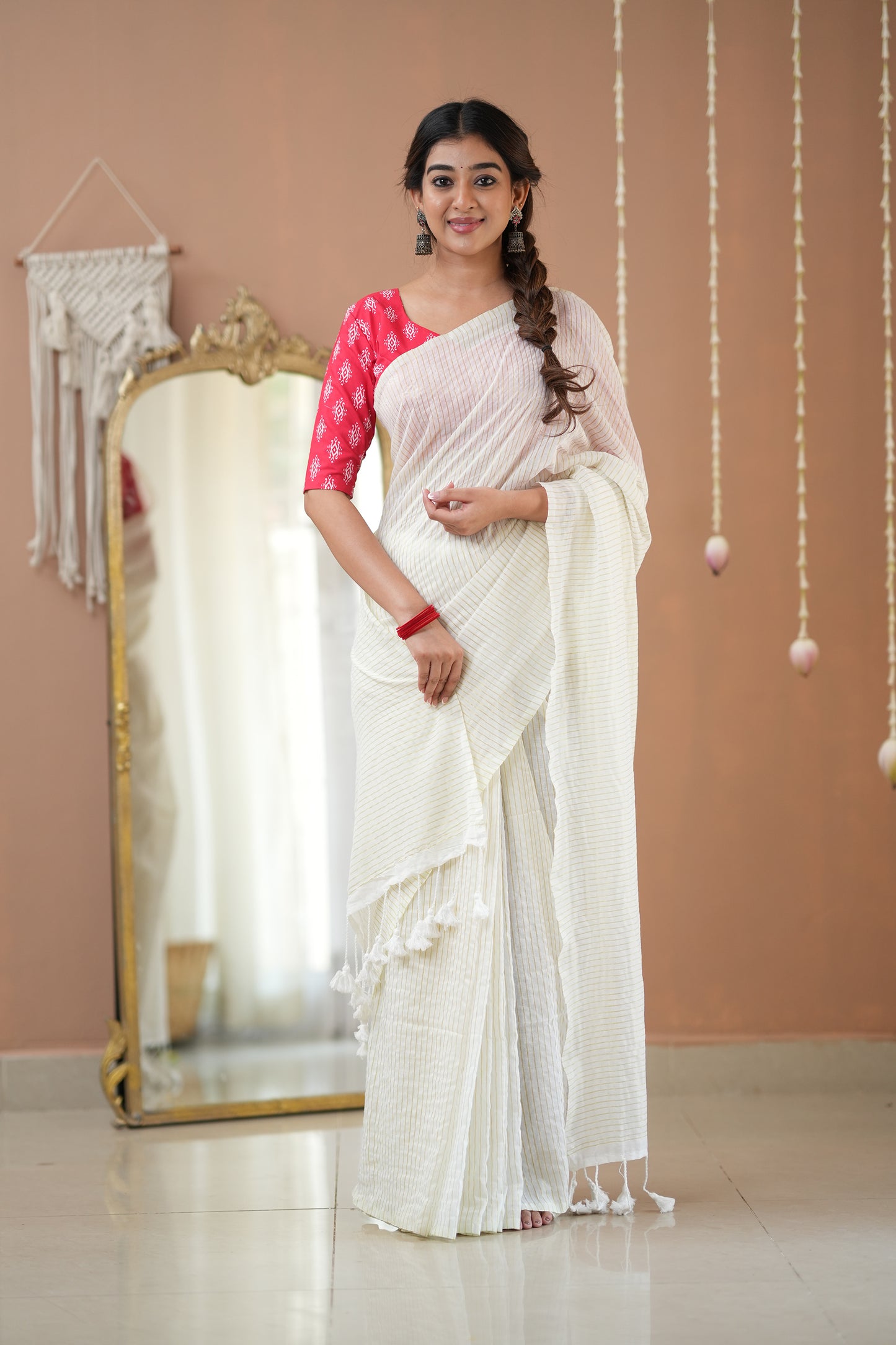 Raag Varnam White Stripe Cotton Saree with Designer Printed Blouse