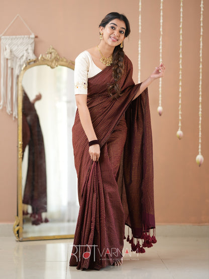 Raag Varnam Wine Stripe cotton Saree designer Work Blouse