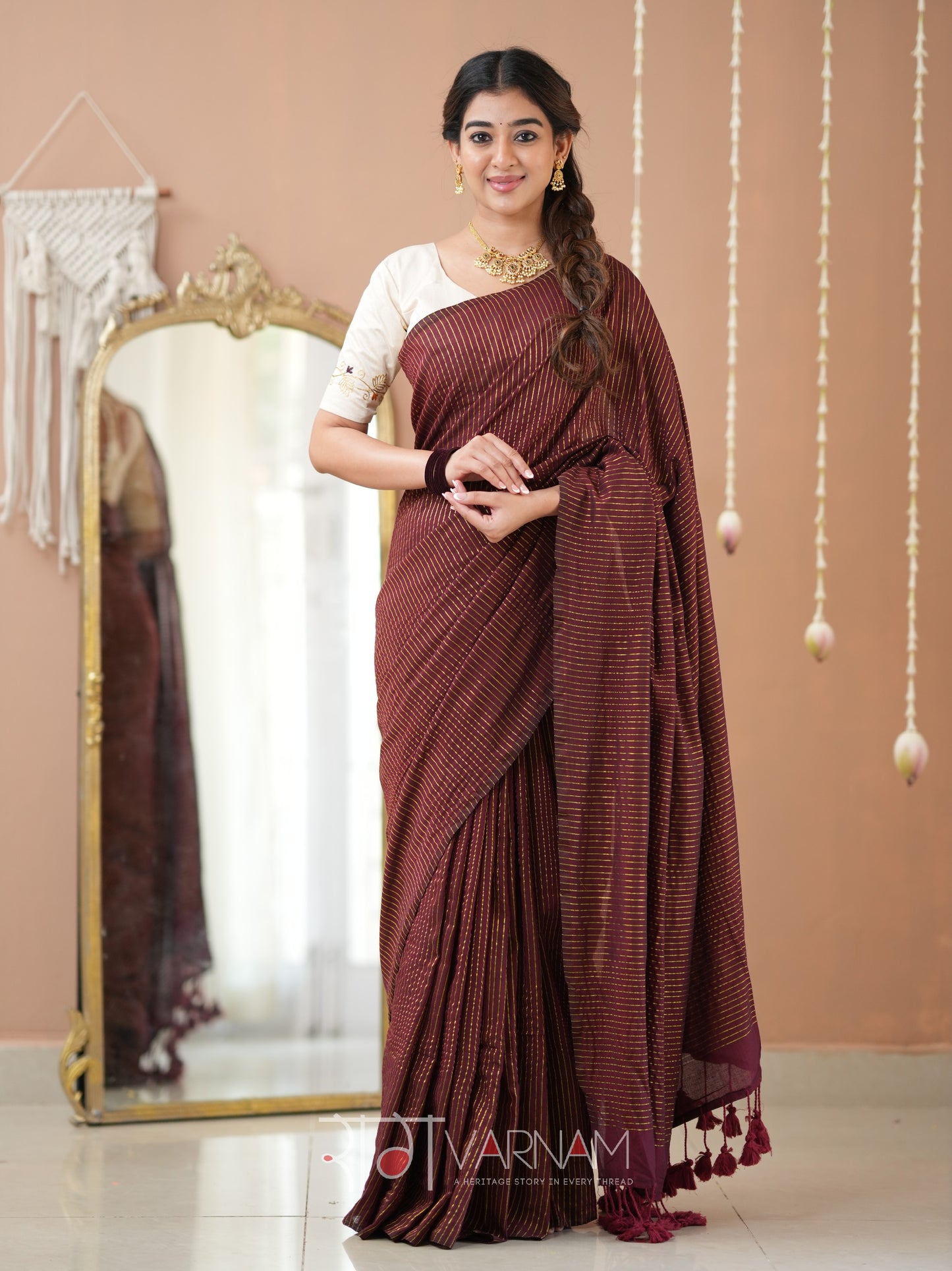Raag Varnam Wine Stripe cotton Saree designer Work Blouse