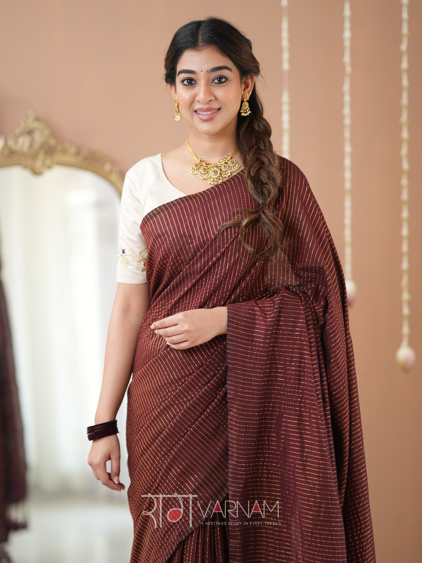 Raag Varnam Wine Stripe cotton Saree designer Work Blouse