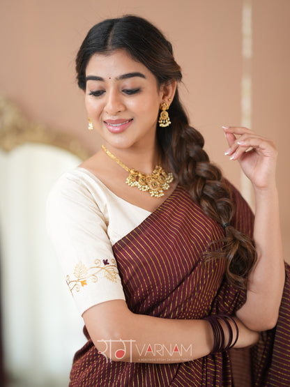 Raag Varnam Wine Stripe cotton Saree designer Work Blouse
