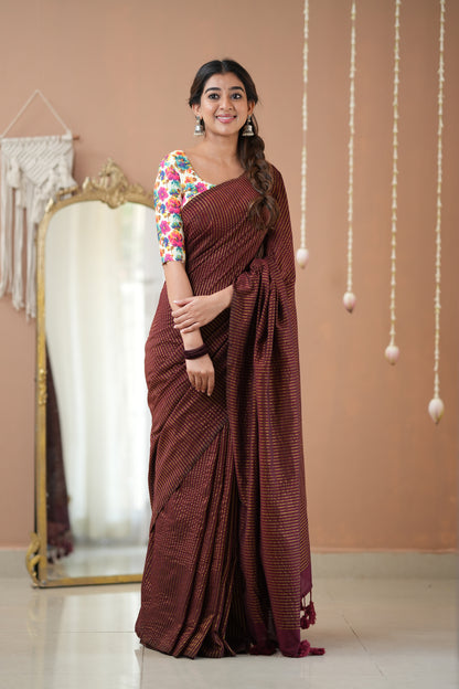 Raag Varnam Wine Stripes Cotton Saree with Elegant Designer Print Blouse