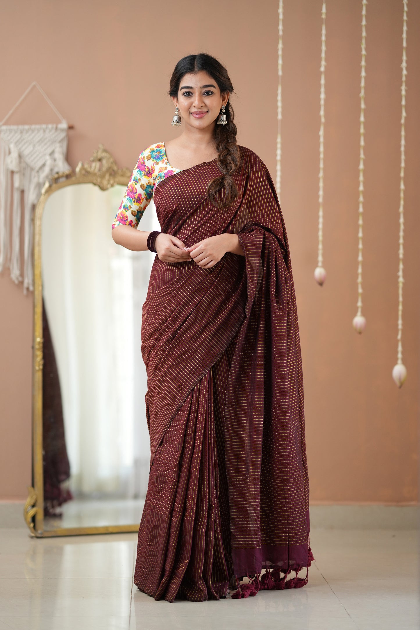 Raag Varnam Wine Stripes Cotton Saree with Elegant Designer Print Blouse