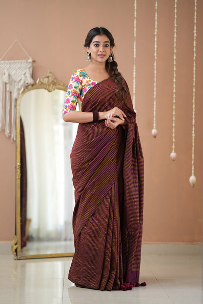 Raag Varnam Wine Stripes Cotton Saree with Elegant Designer Print Blouse