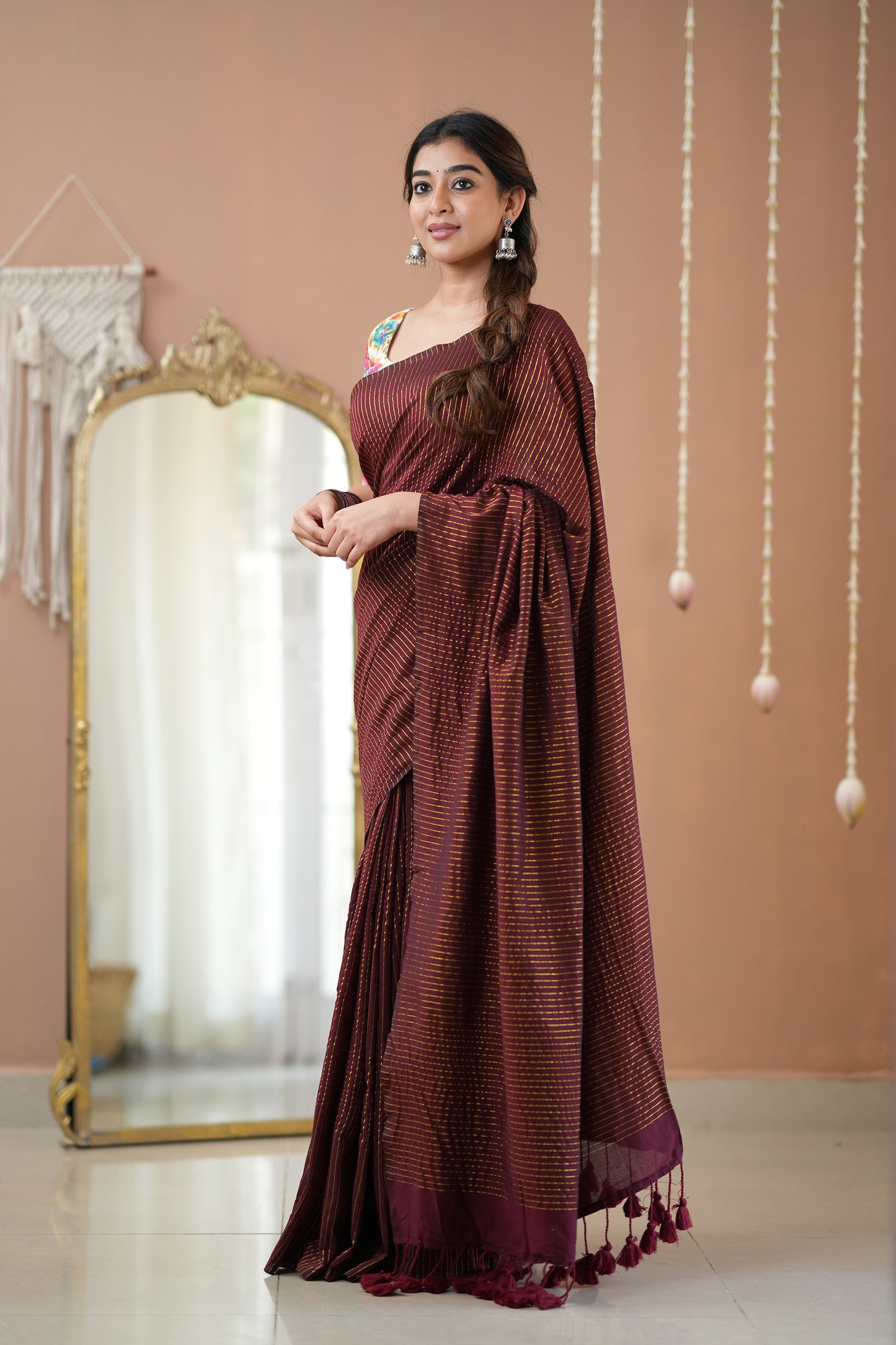 Raag Varnam Wine Stripes Cotton Saree with Elegant Designer Print Blouse