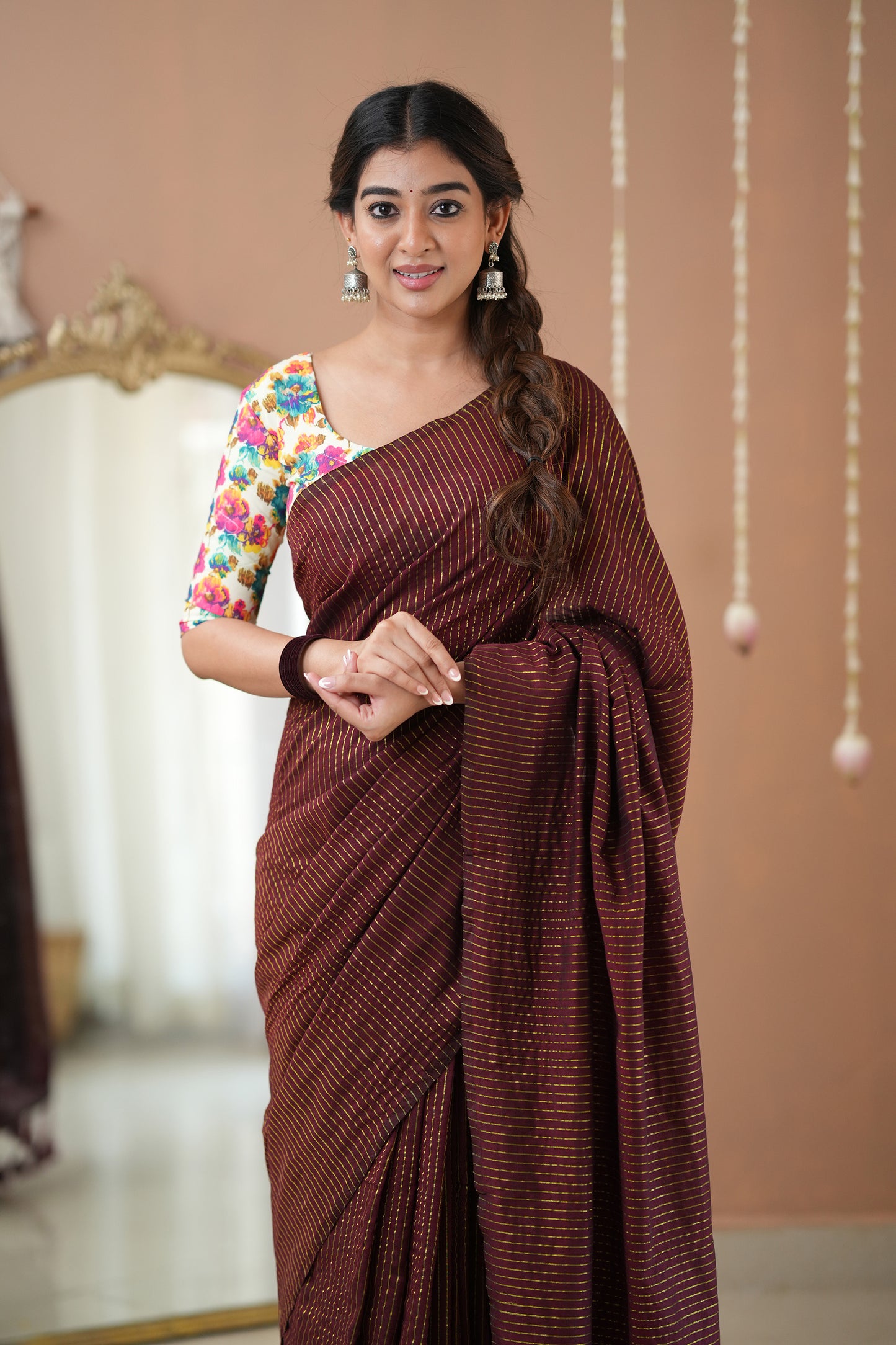 Raag Varnam Wine Stripes Cotton Saree with Elegant Designer Print Blouse