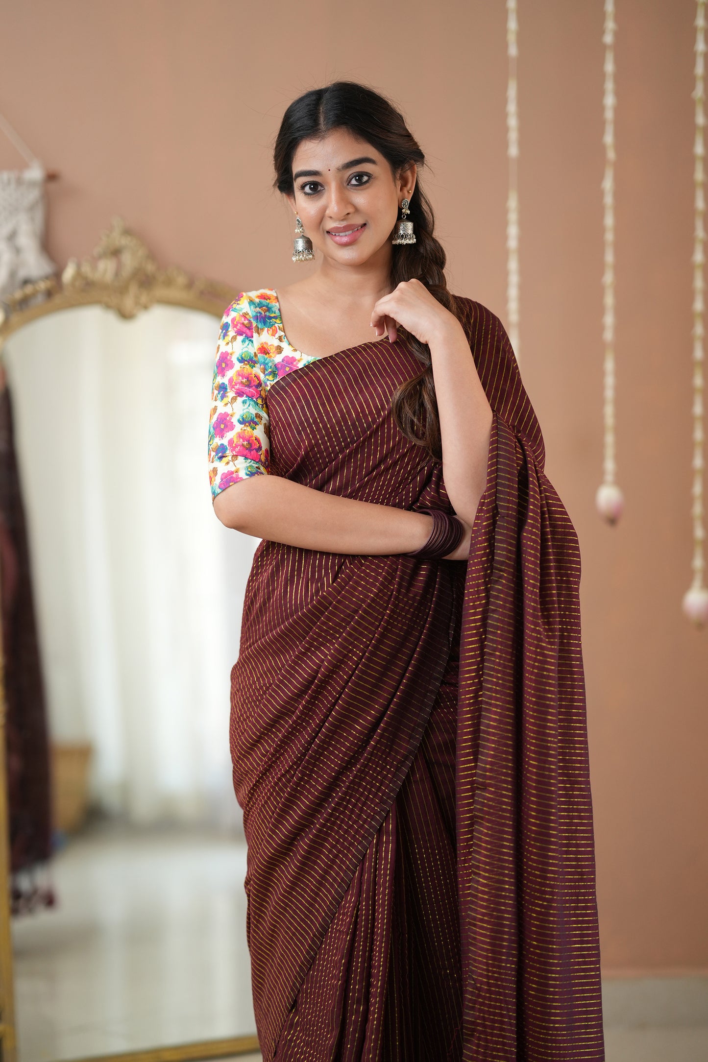 Raag Varnam Wine Stripes Cotton Saree with Elegant Designer Print Blouse