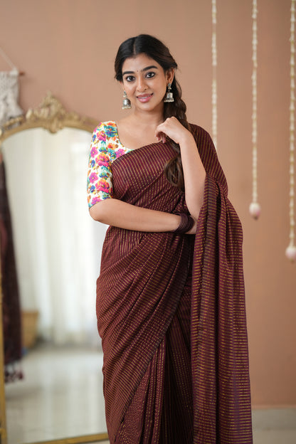 Raag Varnam Wine Stripes Cotton Saree with Elegant Designer Print Blouse