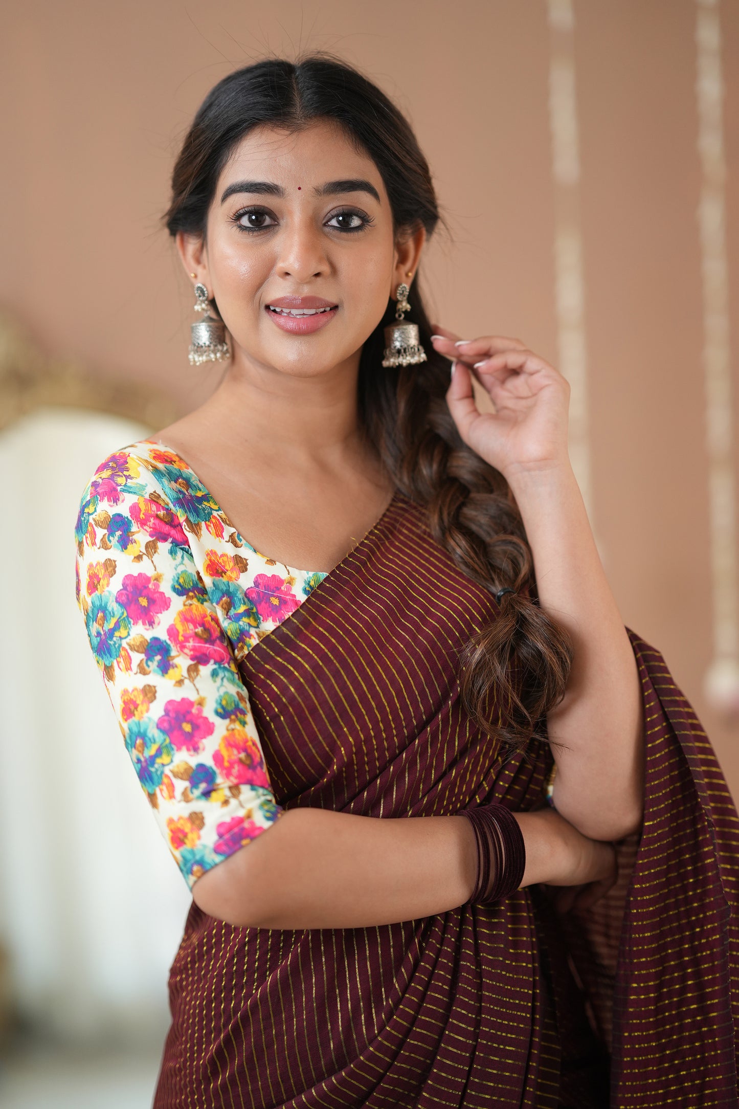 Raag Varnam Wine Stripes Cotton Saree with Elegant Designer Print Blouse