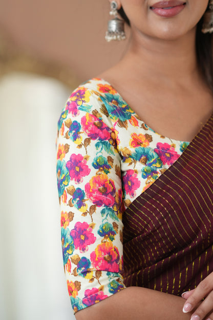 Raag Varnam Wine Stripes Cotton Saree with Elegant Designer Print Blouse