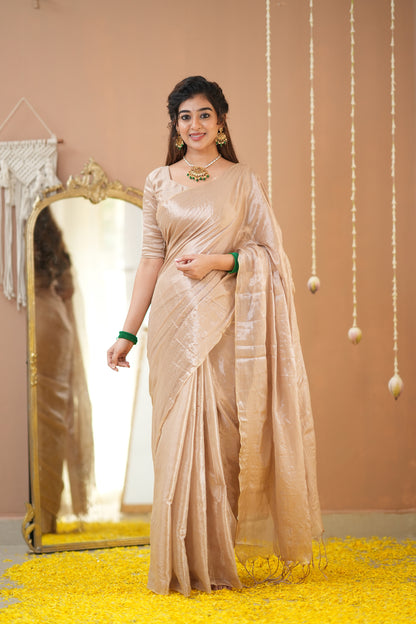 Raag Varnam Beige Handwoven Tissue Saree with Premium Designer Blouse