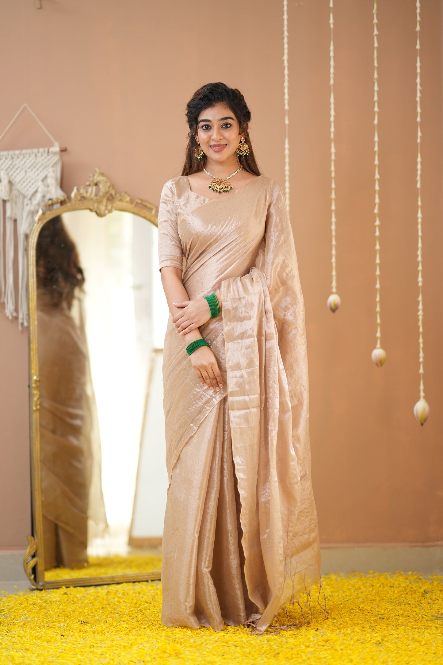 Raag Varnam Beige Handwoven Tissue Saree with Premium Designer Blouse