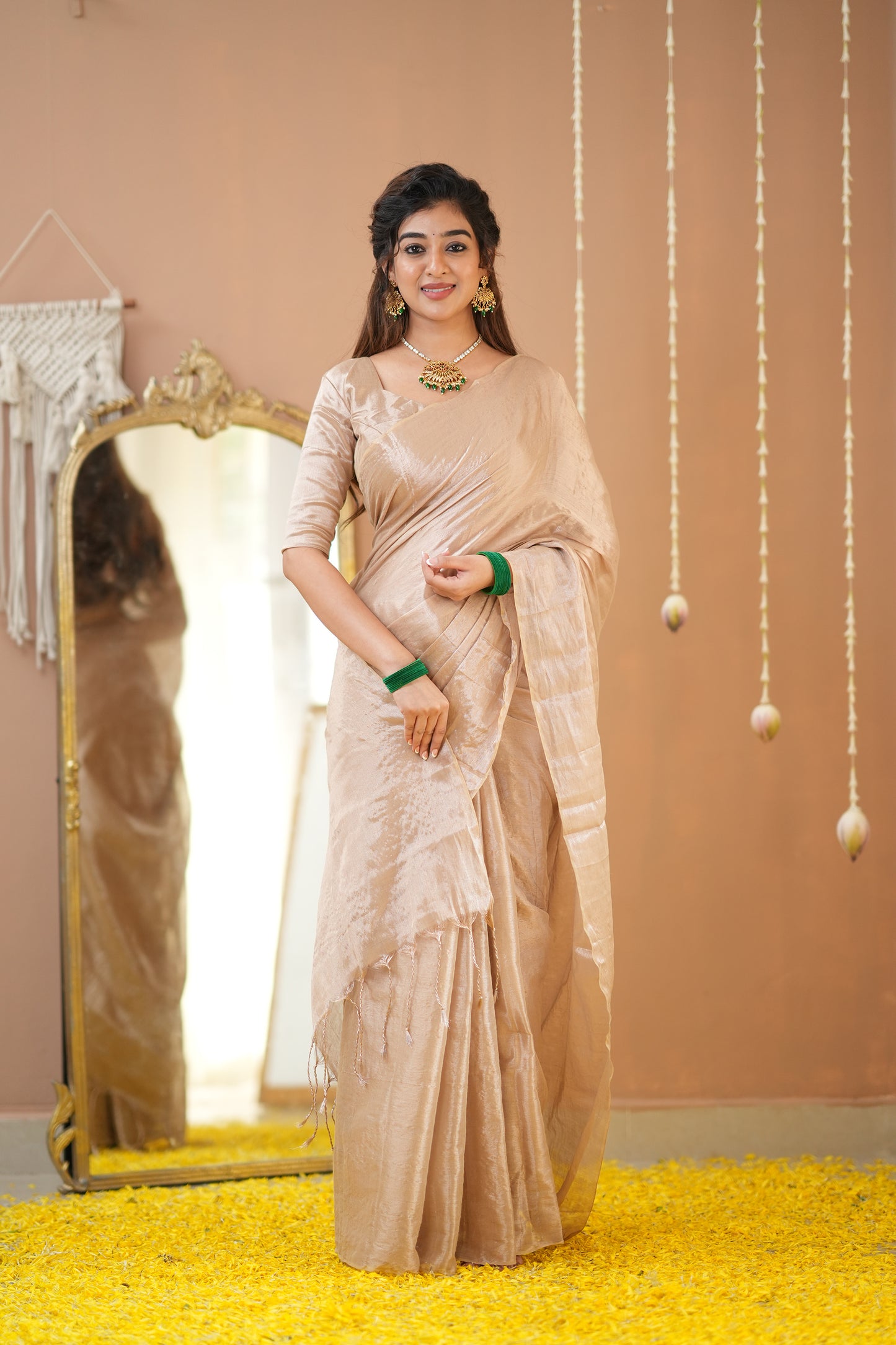 Raag Varnam Beige Handwoven Tissue Saree with Premium Designer Blouse