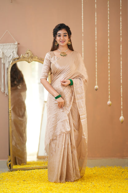 Raag Varnam Beige Handwoven Tissue Saree with Premium Designer Blouse