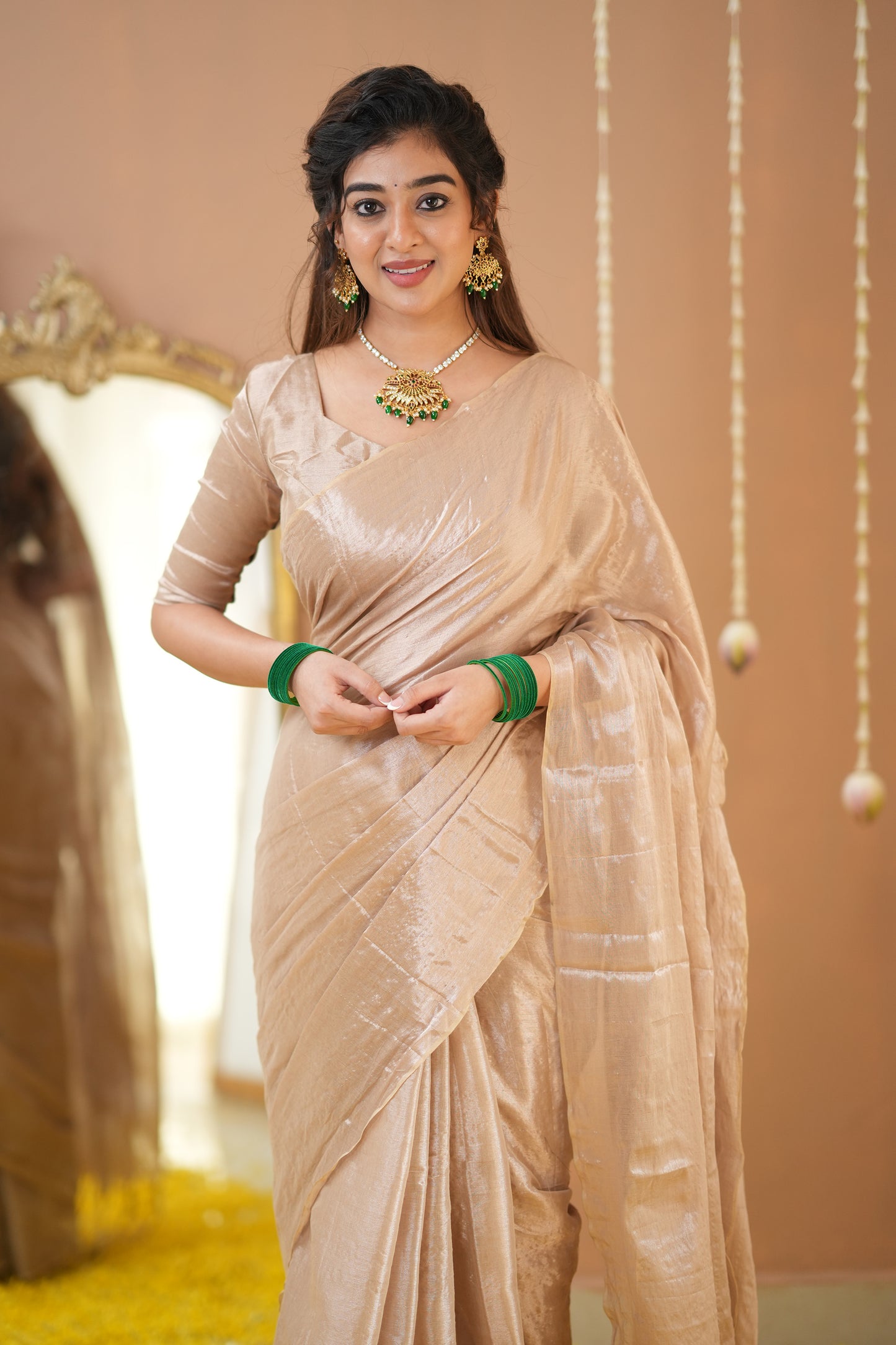 Raag Varnam Beige Handwoven Tissue Saree with Premium Designer Blouse