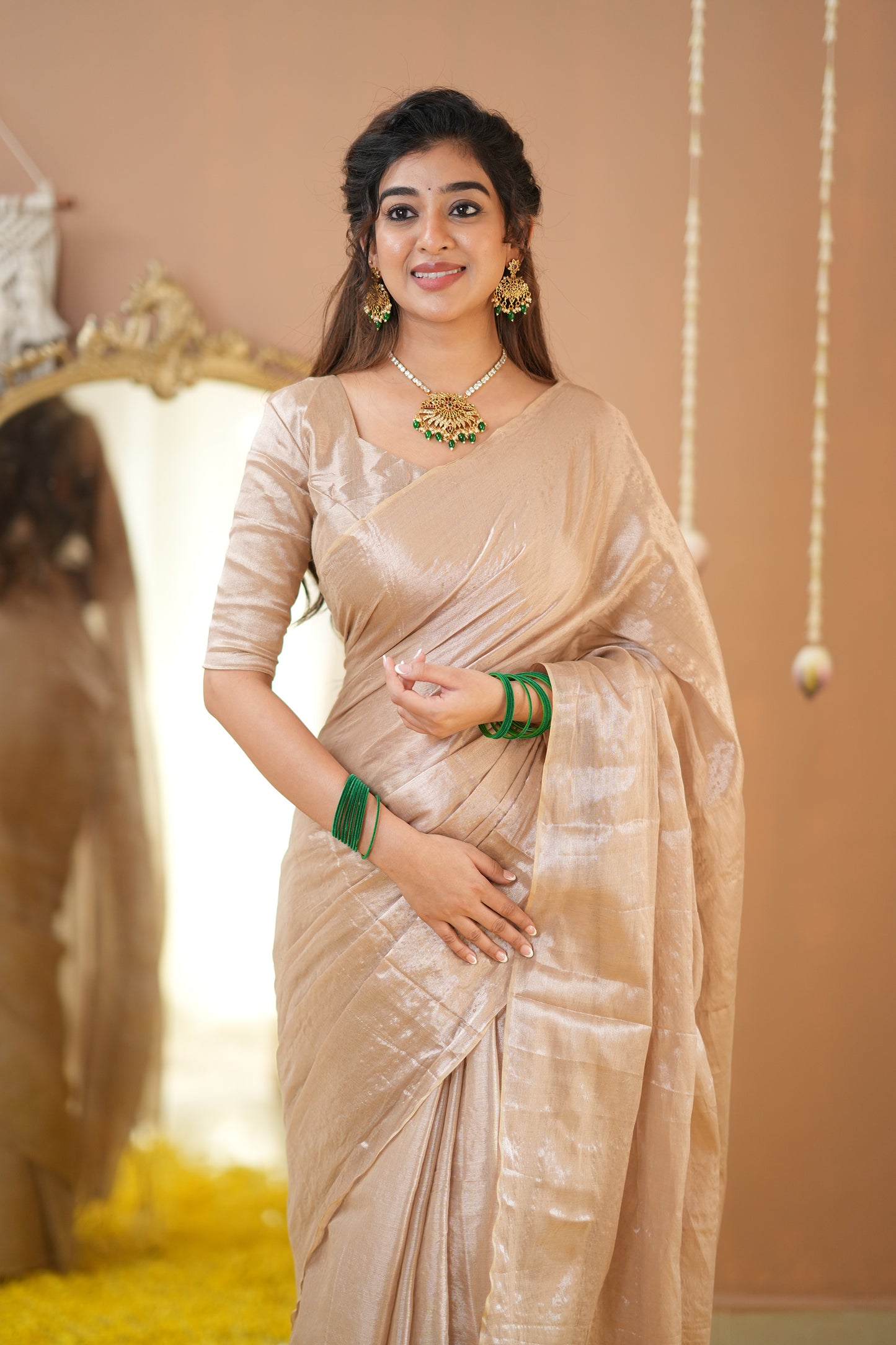 Raag Varnam Beige Handwoven Tissue Saree with Premium Designer Blouse