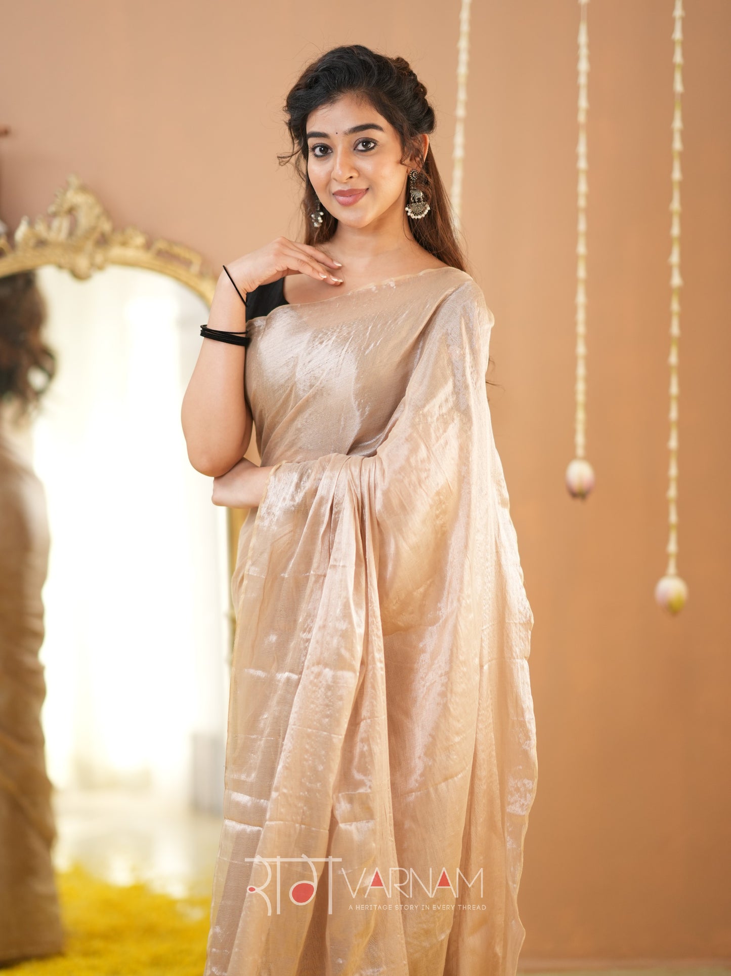 Raag Varnam Beige Handloom Tissue Saree With Designer Blouse