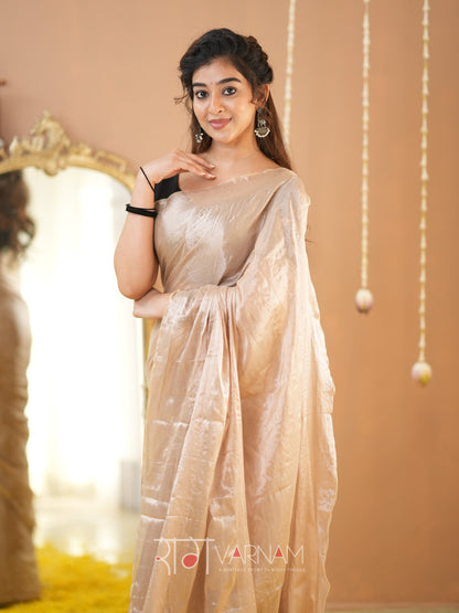 Raag Varnam Beige Handloom Tissue Saree With Designer Blouse