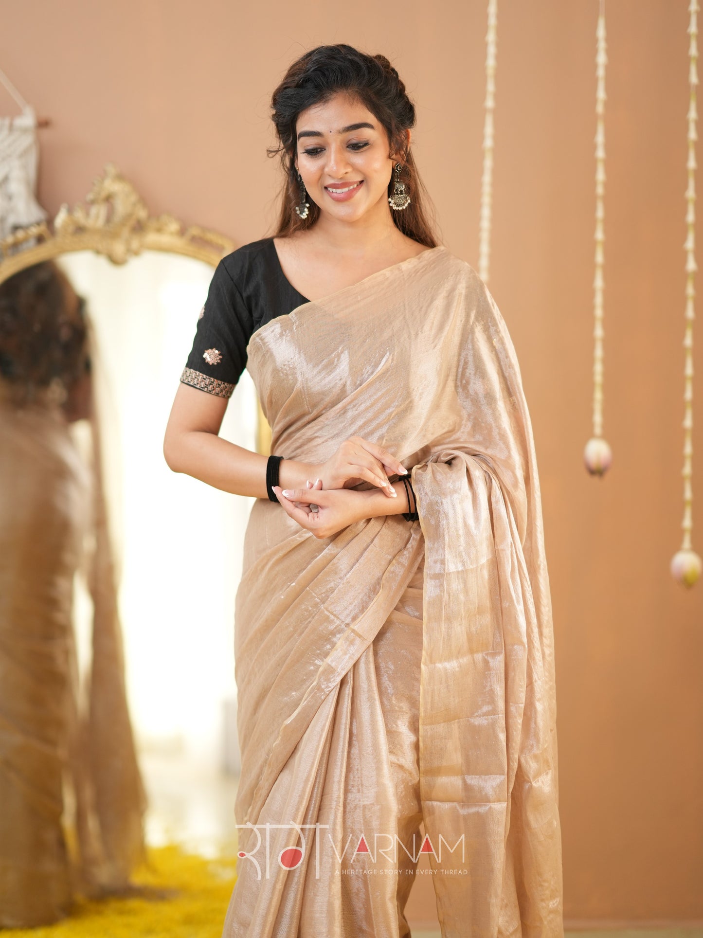 Raag Varnam Beige Handloom Tissue Saree With Designer Blouse