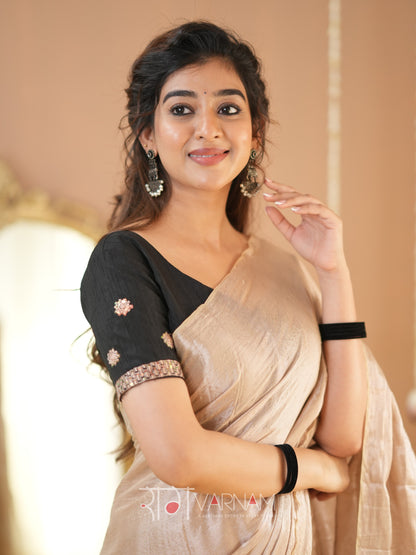 Raag Varnam Beige Handloom Tissue Saree With Designer Blouse