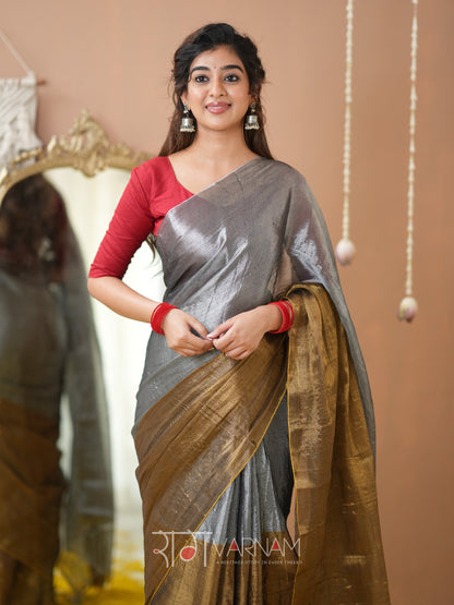 Raag Varnam Gold & Silver Handloom Tissue Saree With Designer Blouse
