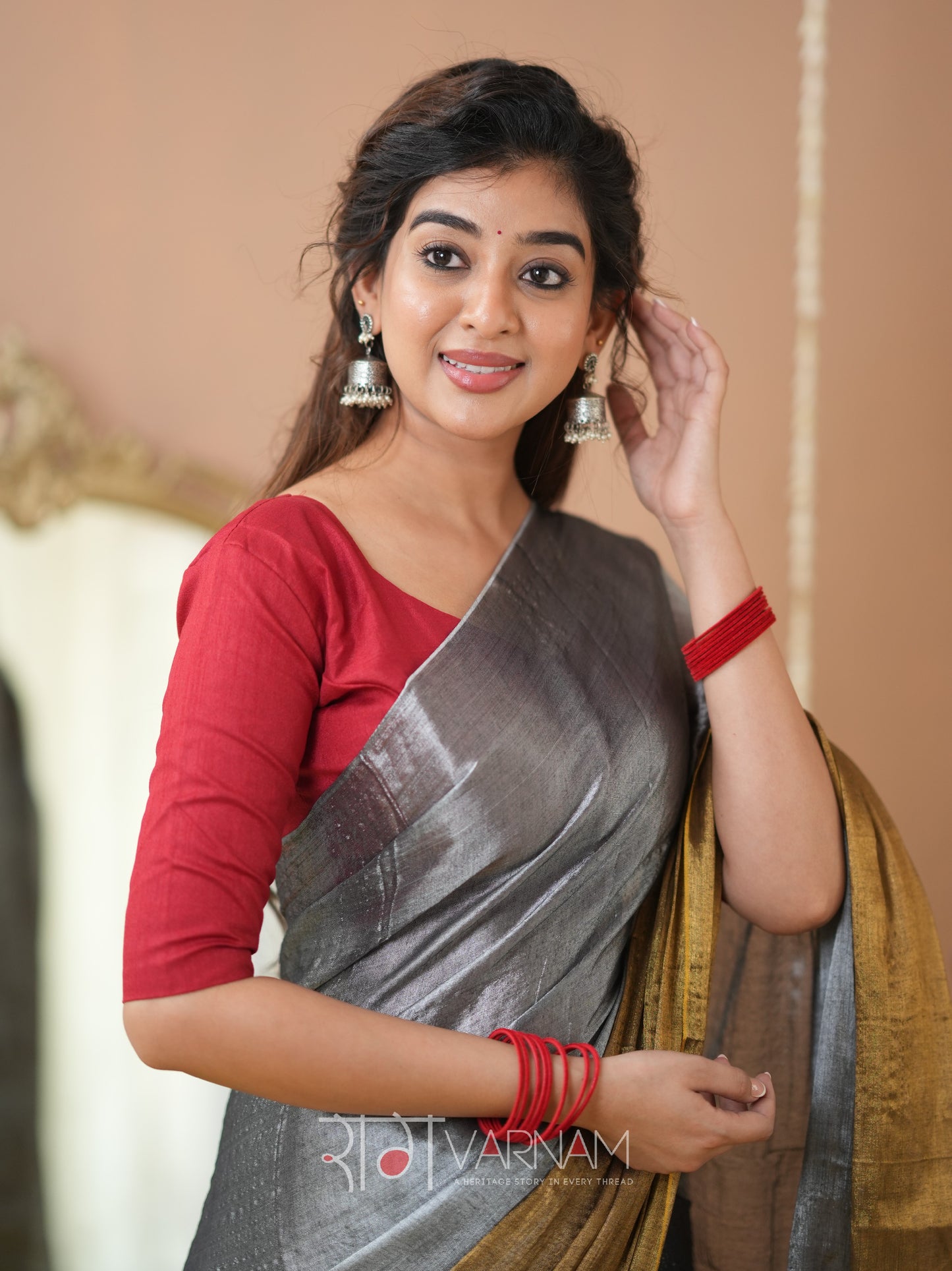 Raag Varnam Gold & Silver Handloom Tissue Saree With Designer Blouse