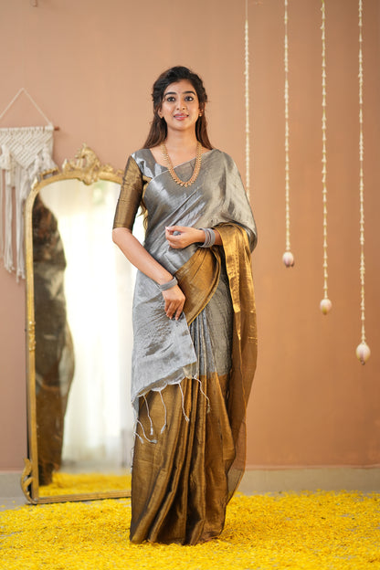 Raag Varnam Gold–Silver Handloom Tissue Saree with Designer Blouse