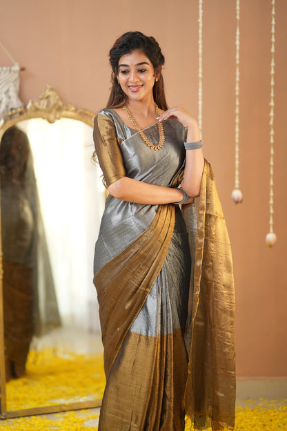 Raag Varnam Gold–Silver Handloom Tissue Saree with Designer Blouse